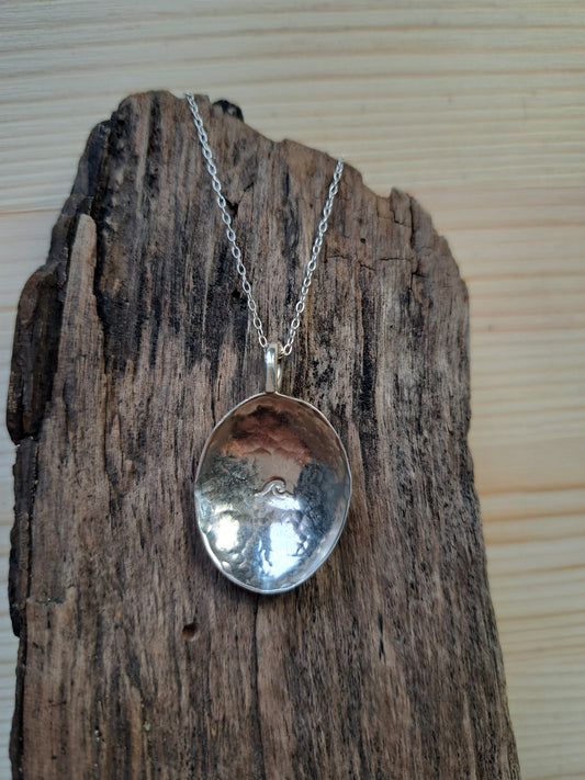 Sterling Silver Hammered Dome Necklace - Wave Stamped