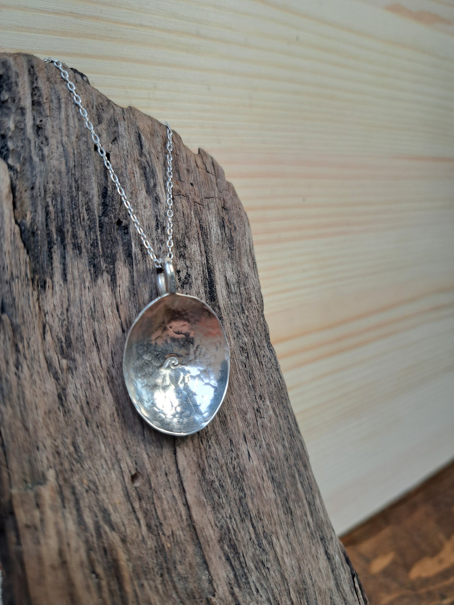 Sterling Silver Hammered Dome Necklace - Wave Stamped