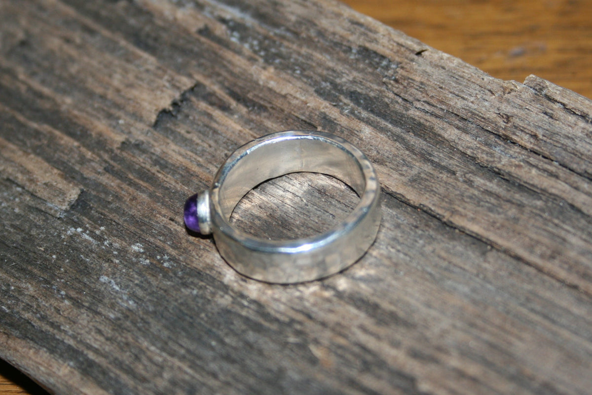Sterling Silver Amethyst Ring – Chunky Hammered, UK L