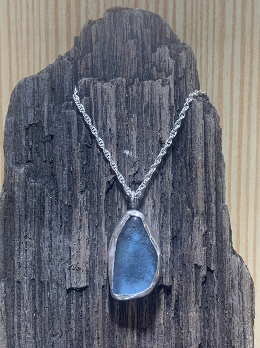 Sterling Silver Teardrop Blue Sea Glass Necklace
