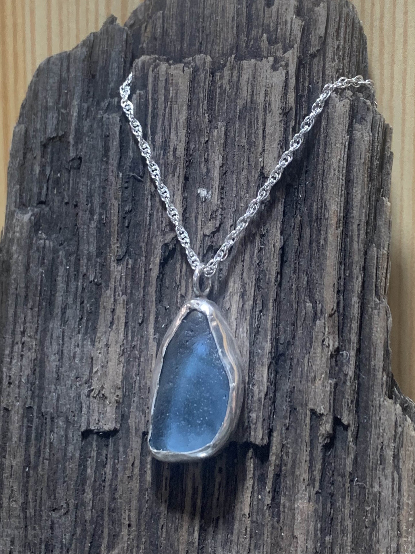 Sterling Silver Teardrop Cornflower Blue Sea Glass Necklace