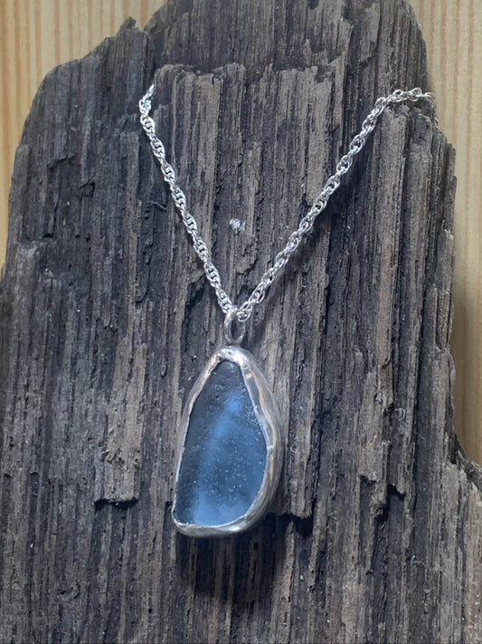 Sterling Silver Teardrop Cornflower Blue Sea Glass Necklace