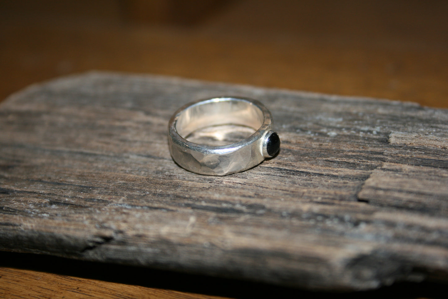 Sterling Silver Black Onxy Hammered Ring - Chunky