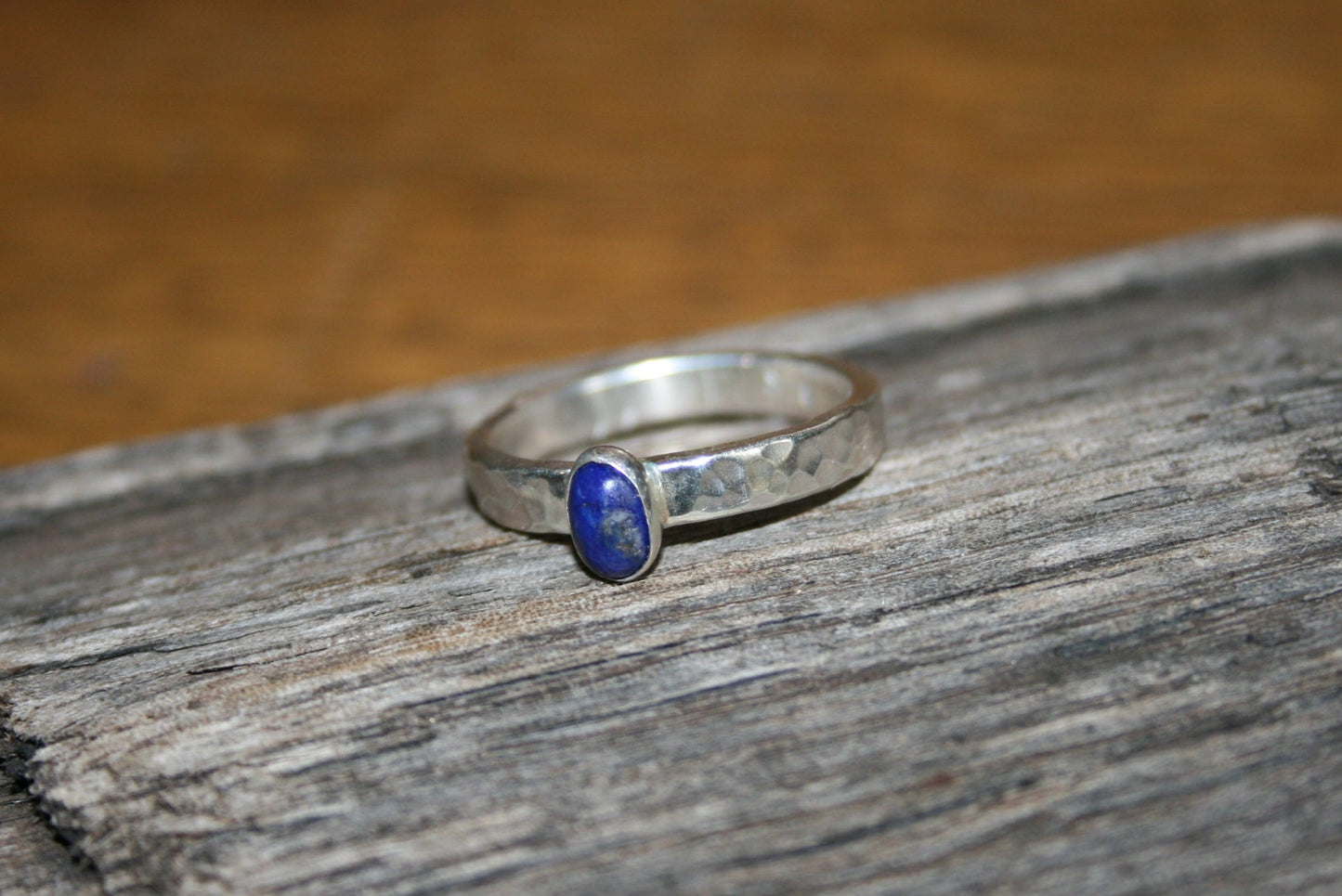 Sterling Silver Lapis Lazuli Ring – Hammered, UK M