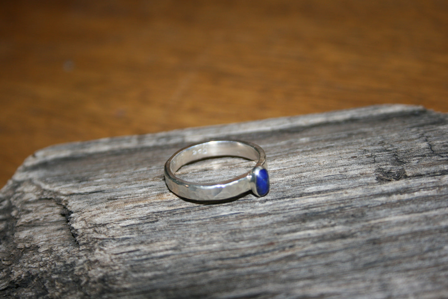 Sterling Silver Lapis Lazuli Ring – Hammered, UK M