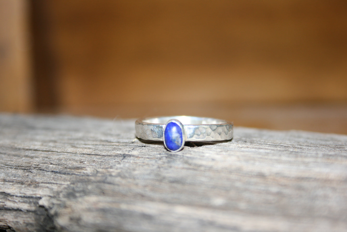 Sterling Silver Lapis Lazuli Ring – Hammered, UK M