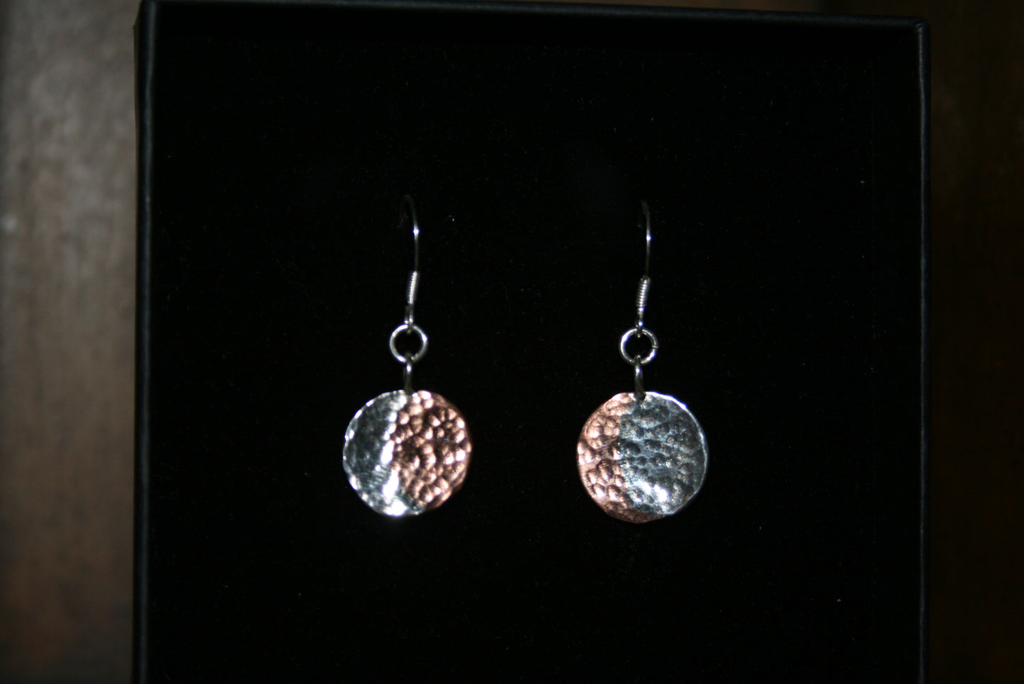Hammered Circular Silver and Copper Drop Earrings