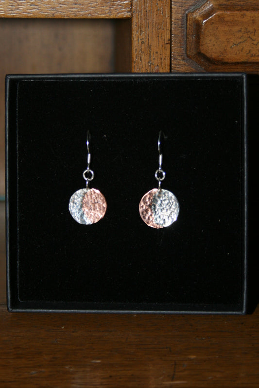 Hammered Circular Silver and Copper Drop Earrings