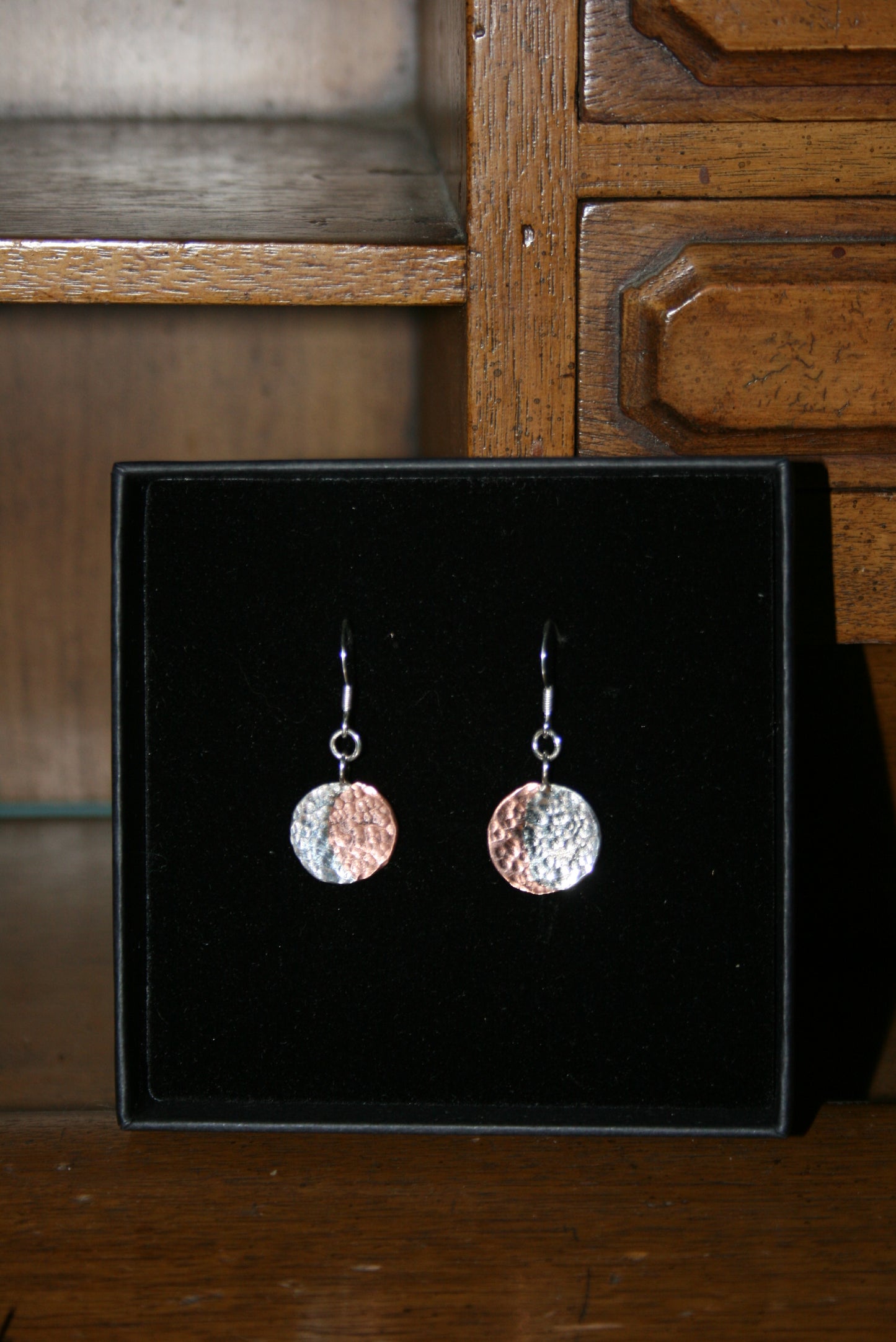 Hammered Circular Silver and Copper Drop Earrings