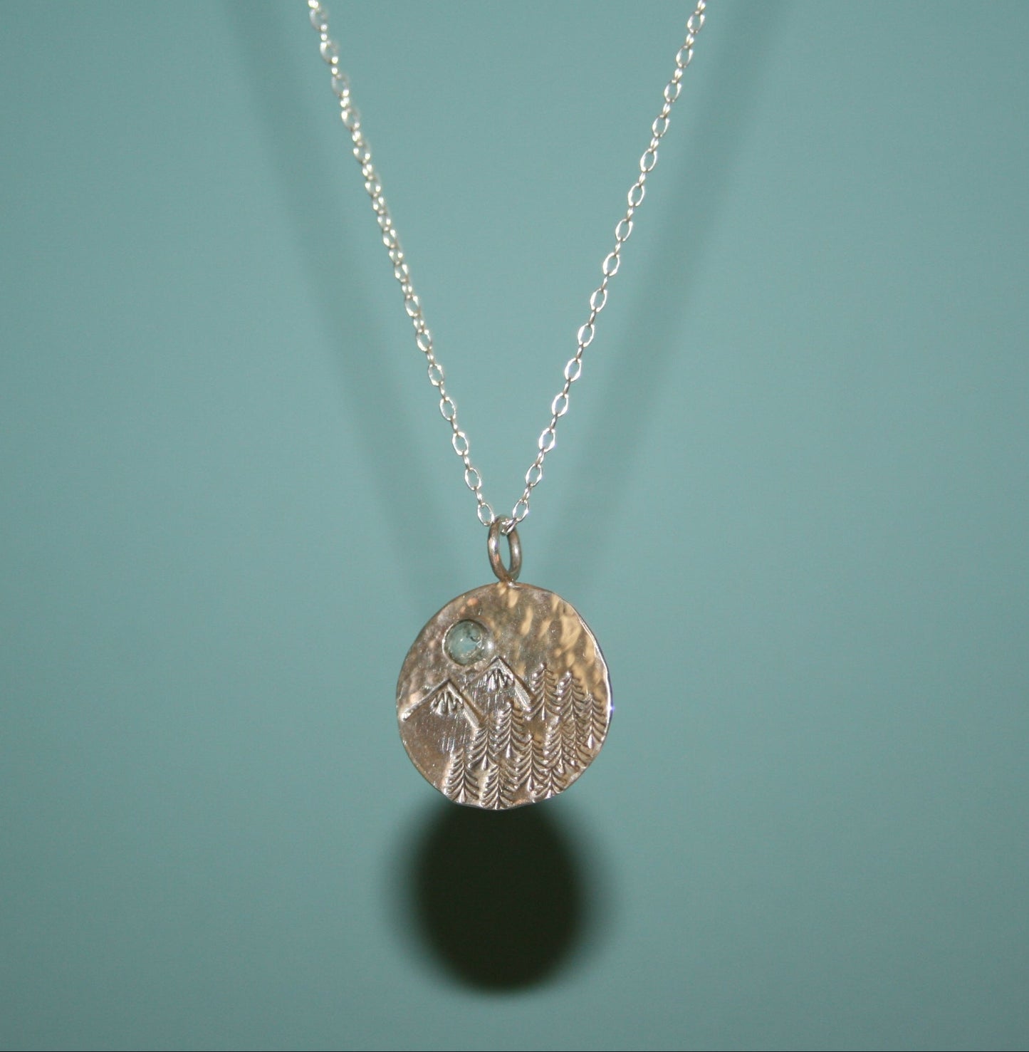 Forest and Mountain Scene Necklace with Aquamarine