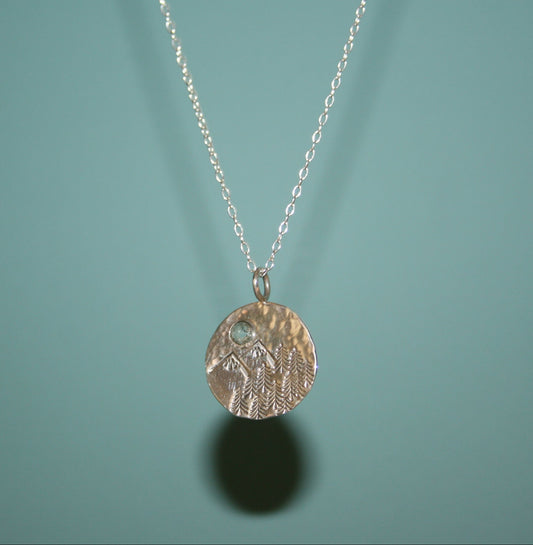 Forest and Mountain Scene Necklace with Aquamarine