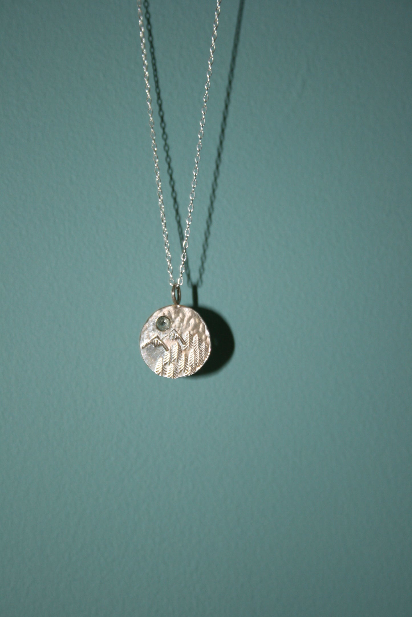 Forest and Mountain Scene Necklace with Aquamarine