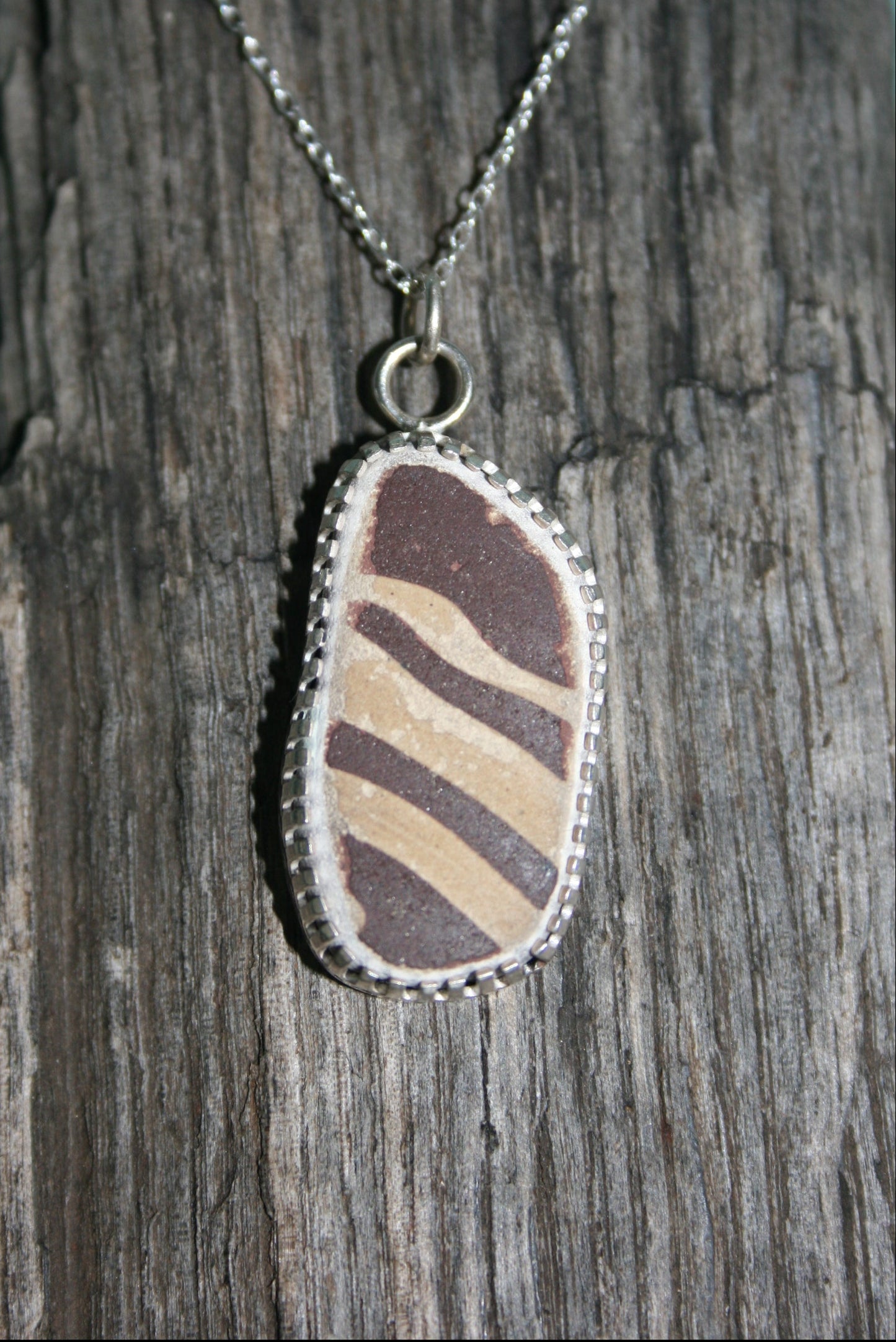 Brown Stripe Pottery Bezel Necklace