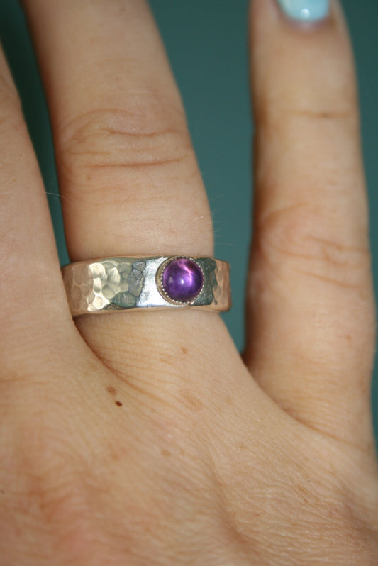 Sterling Silver Amethyst Ring – Chunky Hammered, UK L